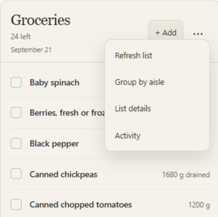Sample Fluent grocery list with List options open: Refresh list, Group by aisle, List details and Activity.